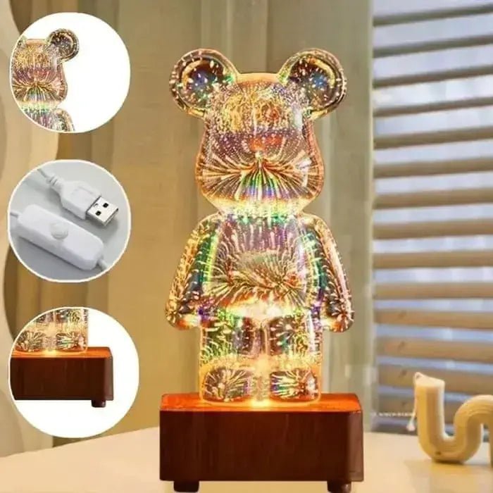 3D Bär Lampe LED Nachtlicht mit Holzsockel und USB-Anschluss