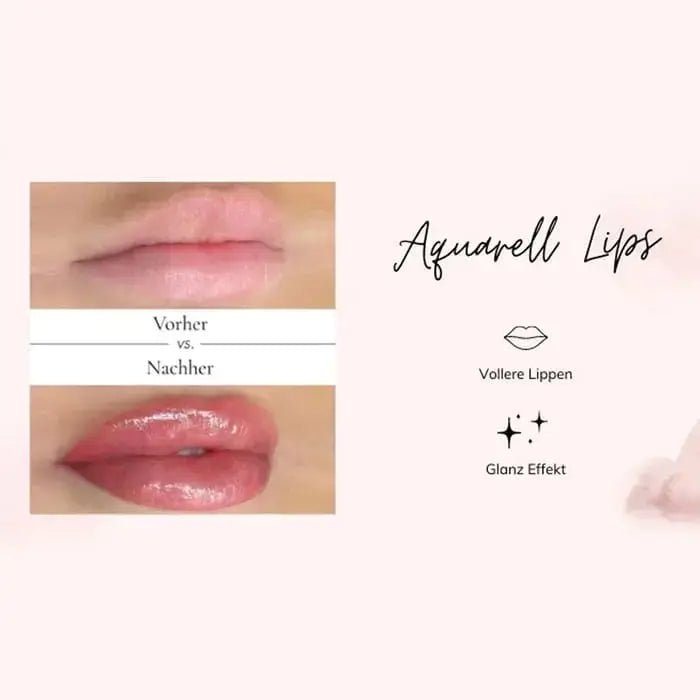 Permanent Make-up Aquarell Lips Vorher-Nachher Ergebnis mit voluminösen, glänzenden Lippen