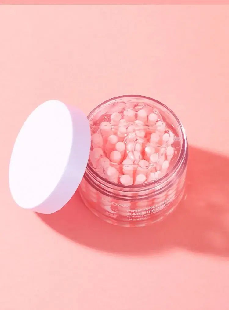 Pinke Kollagen Creme Kapseln von Glamora Beauty zur Feuchtigkeitspflege und gegen feine Fältchen