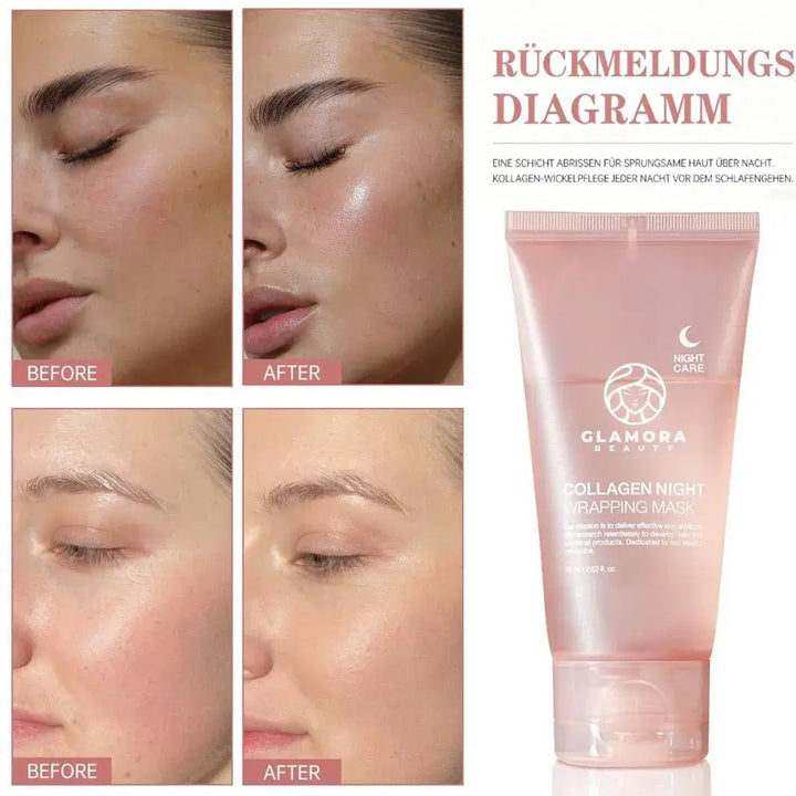 Vorher Nachher Ergebnis mit Glamora Beauty Collagen Night Wrapping Mask – glattere, strahlendere Haut