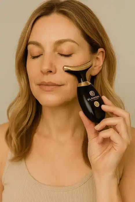 Anwendung des Glamora Beauty Gesichtsstraffers in Schwarz zur Hautstraffung