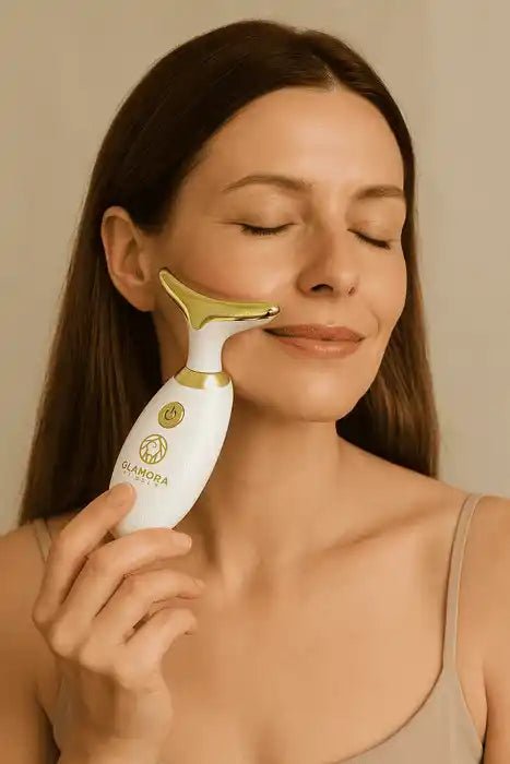 Frau massiert ihr Gesicht mit weißem elektrischen Lifting-Massagegerät für jugendlichen Glow