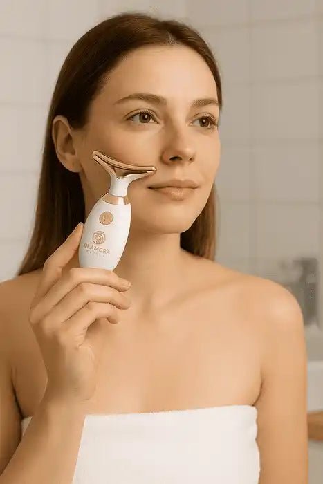 Frau nutzt weißen Gesichtsstraffer von Glamora Beauty für glatte und strahlende Haut