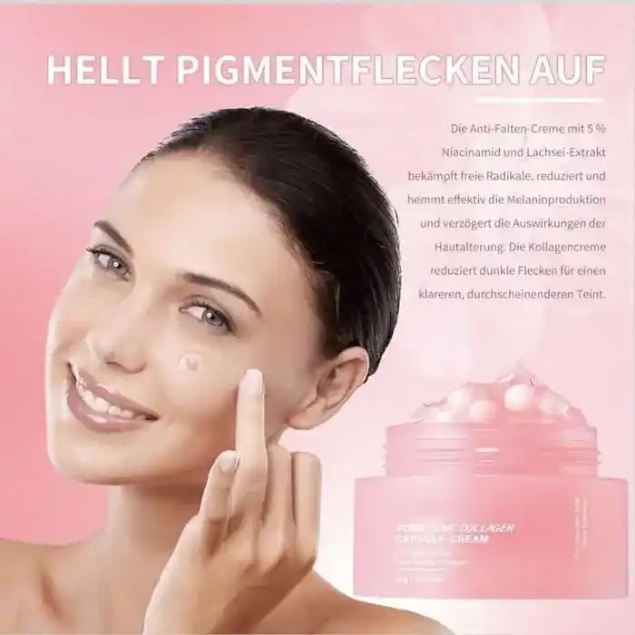 Frau trägt Glamora PDRN Pink Collagen Capsule Cream auf – Niacinamid-Creme gegen Pigmentflecken und für ebenmäßigen Teint
