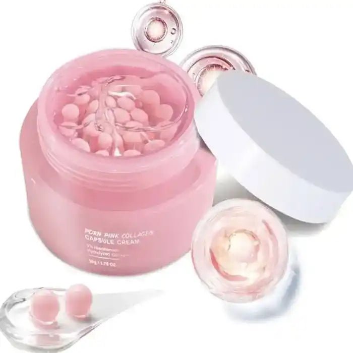 Glamora Pink Collagen Capsule Cream geöffnet – luxuriöse Kapselcreme mit Niacinamid und Collagen für straffe, strahlende Haut