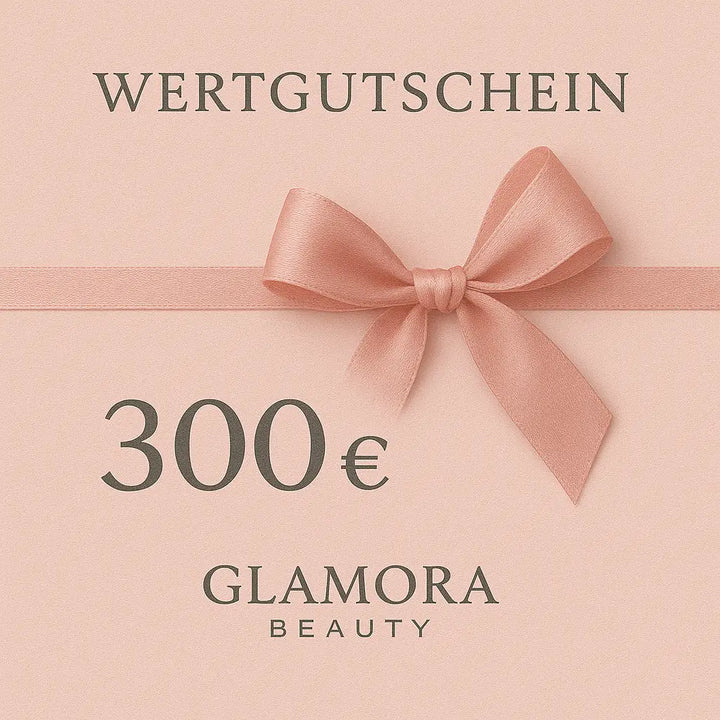 Glamora Beauty Wertgutschein 300 Euro im eleganten rosa Design mit Satin-Schleife – exklusiver Beauty Geschenkgutschein