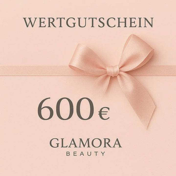 Luxuriöser Glamora Beauty Wertgutschein 600 Euro auf rosa Hintergrund mit eleganter Schleife