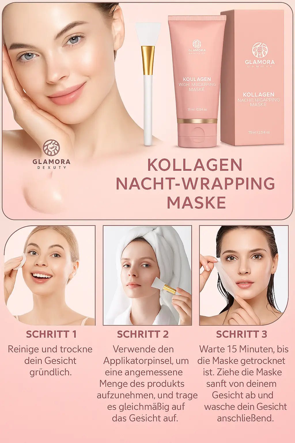 Anwendung der Glamora Collagen Night Wrapping Mask mit Applikatorpinsel – reinigt, pflegt und strafft die Haut.