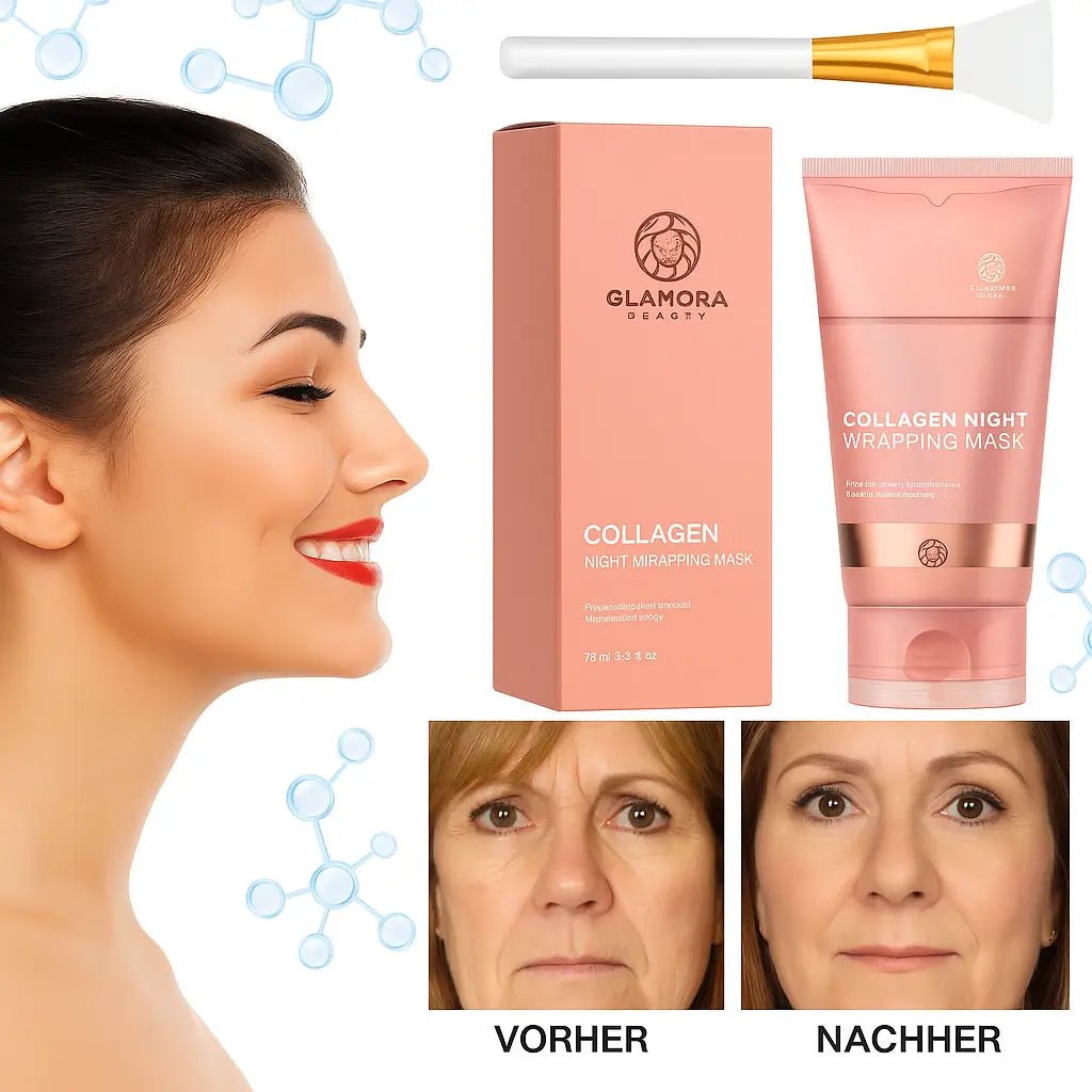Glamora Collagen Night Wrapping Mask reduziert Falten und verbessert die Hautstruktur – Vorher-Nachher-Ergebnis.