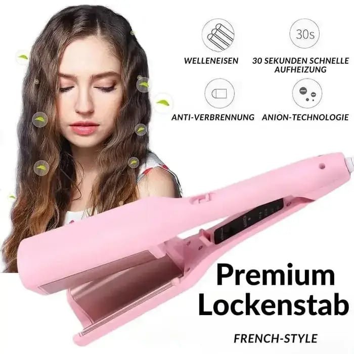 Frau mit welligem Haar und pinkem Glamora Premium Lockenstab mit Anion-Technologie