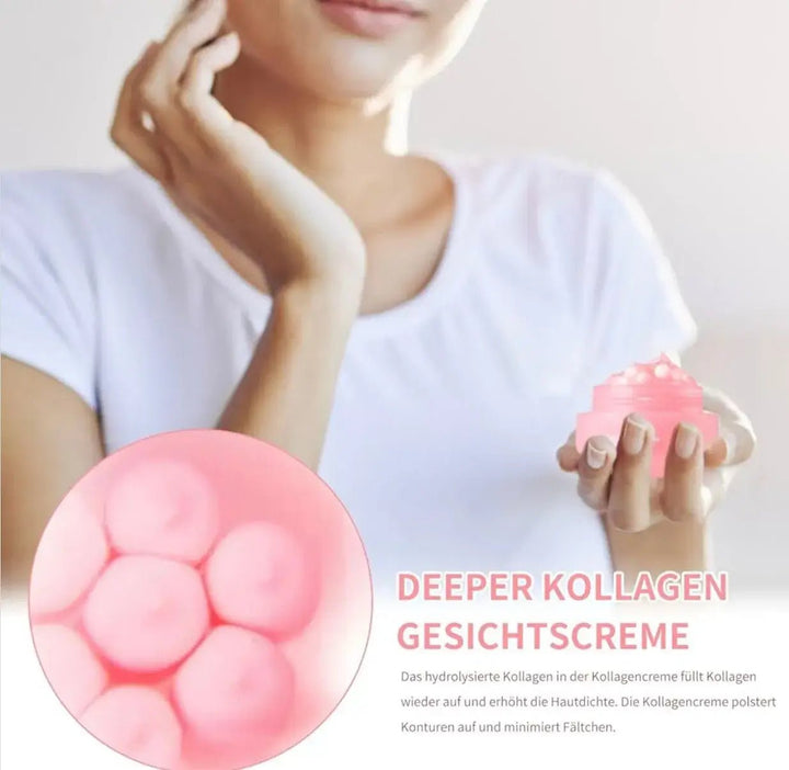 Anwendung einer Kollagen Anti-Aging Gesichtscreme von Glamora Beauty zur Faltenreduktion und Hautstraffung