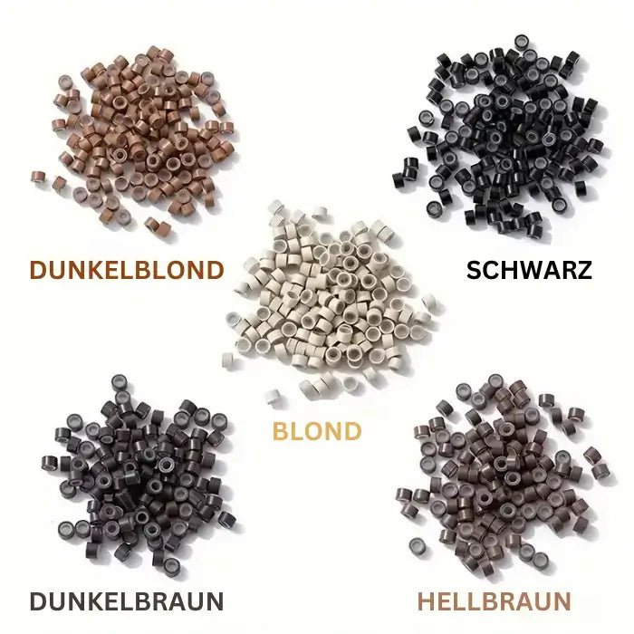 Microringe für Haarverlängerung in verschiedenen Farben – Blond, Dunkelblond, Hellbraun, Dunkelbraun und Schwarz, Silikonringe für Extensions