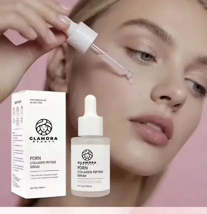 Anwendung des Glamora Beauty PDRN Collagen Peptide Serum – Tropfen auf die Haut für Straffung & Glow