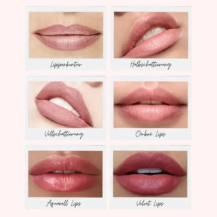 Übersicht verschiedener Lippen-PMU-Stile wie Aquarell Lips, Ombré Lips, Velvet Lips und Halbschattierung