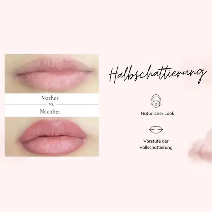 Permanent Make-up Lippen Halbschattierung Vorher-Nachher für natürlichen Nude-Look